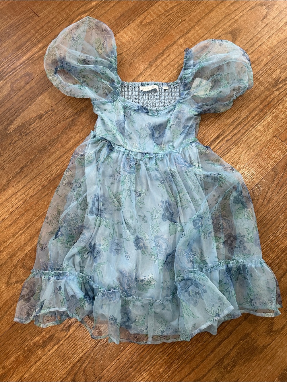 Altar'd State Baby Blue Floral Organza Puff-Sleeve Dress